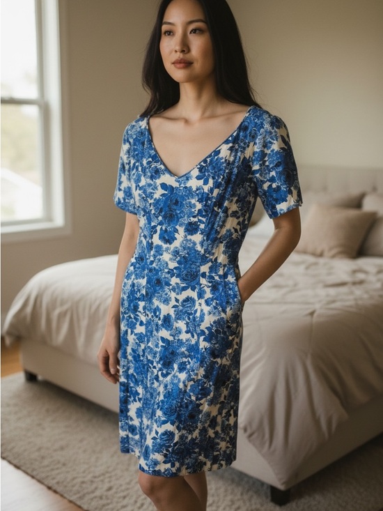 gi gi young Dresses & Skirts - Vtg 50’s GiGi Young Blue Floral V-Neck Sheath Swing Dress 8